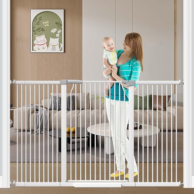 Fairy Baby 40.5" Extra Tall Baby Gates for Doorways, 54.8"-60.2" Extra Wide Dog Pet Gate for House, Metal Pressure Mounted Walk Through Baby Gate, No Drill Safety First Child Gate for Doorways, White