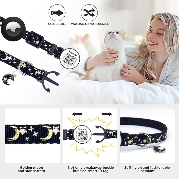 2PCS Breakaway Cat Collars with Bell Cute Star &Moon Safe Kitten Collars with Pendant Glow in The Dark,Airtag Holder Cat Collar with Smart ID tag & QR Code Reflective for GPS Boy Girl Cats (Blue)