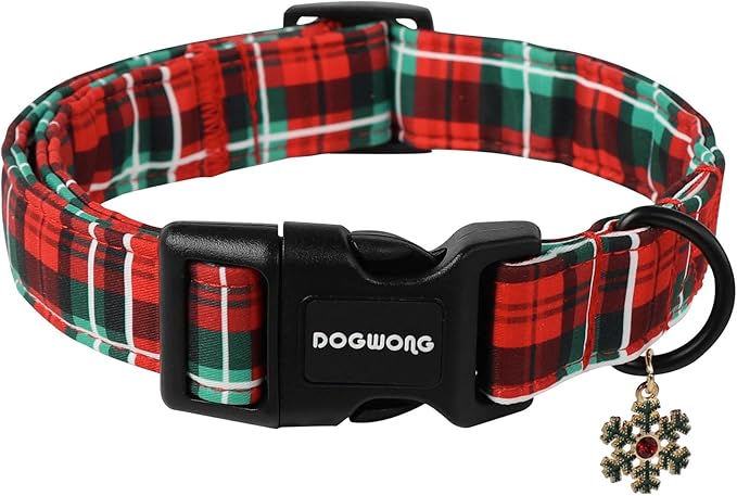 DOGWONG Christmas Plaid Dog Collar- Cute Red Christmas Checked Dog Collars Adjustable Grid Dog Collar for Small Medium Large Dogs S