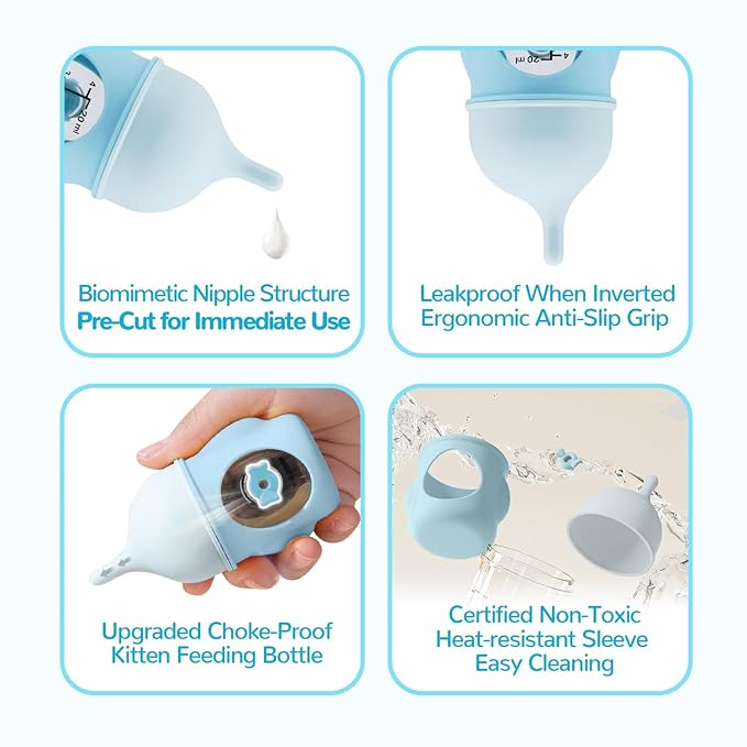 Ergonomic Pet Nursing Bottle,Puppy Bottles for Nursing Puppy Milk - 20ml Slow Flow Kitten Bottle Feeding kit for Newborn Kittens/Puppies/Small Animals, Easy-Clean Silicone Feeder (‌Blue‌)
