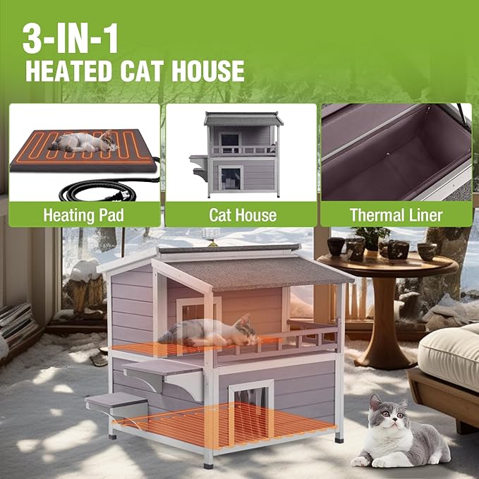 GUTINNEEN 2 Story Heated Cat House for Outside Outdoor Cat House Insulated Weatherproof Feral Cat Shelter with Heated Pad, Insulated All-Round Thermal Liner, Chewproof Cable for 1-4 Cats in Winter