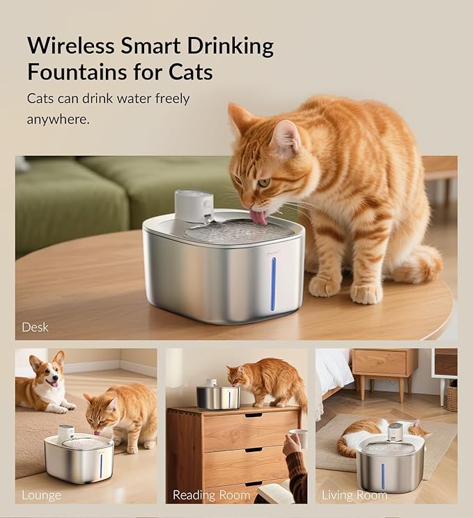 Wireless Cat Water Fountain Stainless Steel,135floz/4L Battery Operated Automatic Pet Fountain,Cordless Cat Water Dispenser Pet Drinking Water Fountain for Multicat Cats Dog Outdoor