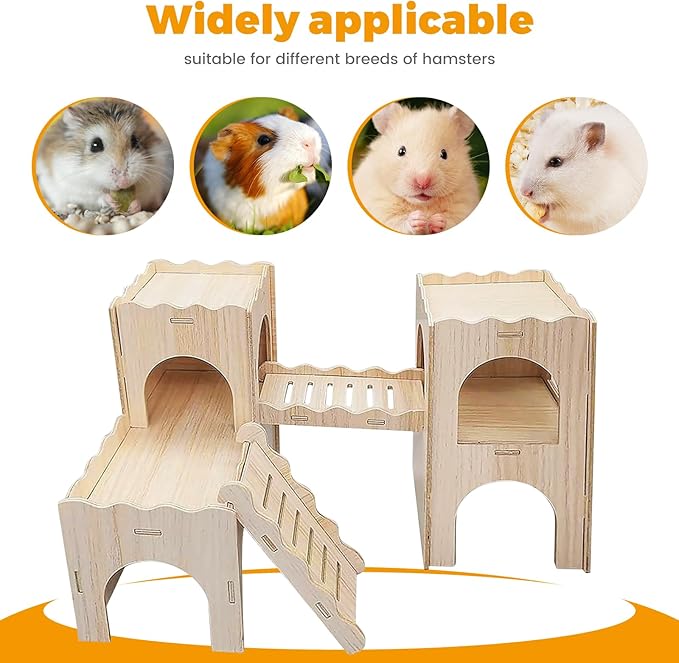 Wooden Dwarf Hamster House, Hamster Tiny House Hideout, Maze House, Large Balcony Lookout Holes, Easy to Assemble, Detachable Parts, Secure Hideaway, A