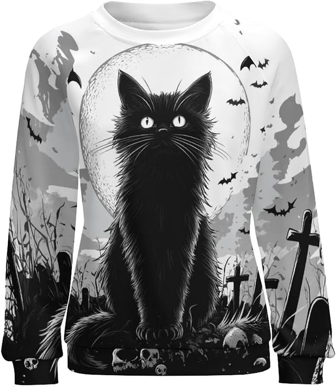 Halloween Sweatshirts for Women Black Cat Print Pullover Crewneck Oversized 2024 Fall Fashion Casual Warm Shirt