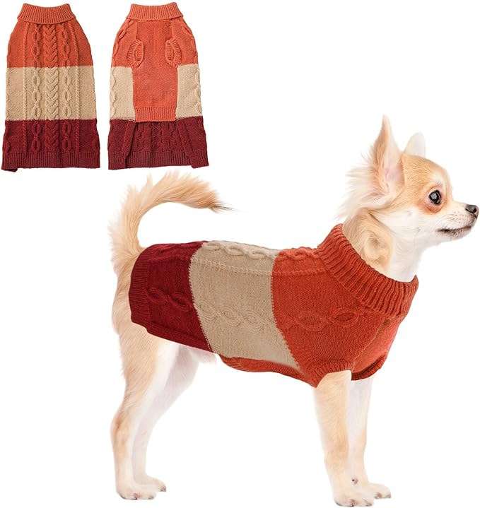 DELIFUR Color Block Cat Sweater - Knitted Turtleneck Cat Knitwear Warm Dog Coats with Classic Cable Fall Winter Clothes for Cat Puppy Chihuahua Girl (Orange, Small)