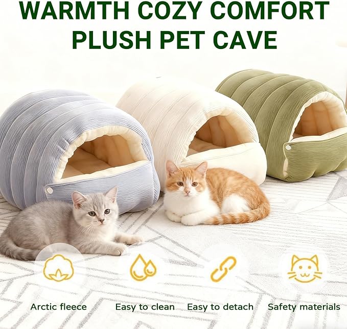 Cat Dog Cave Bed, 2026 New Winter Cave for Cat and Small Dog, Warm Plush Covered Cat House with Removable Cushion,Soft Calming Indoor Cat Bed (Orange Plaid, L(20 * 16 * 11inch)