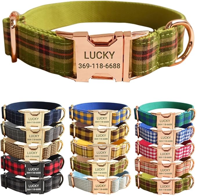 PETDURO Personalized Plaid Dog Collar Apple Green - Engraved Name and Phone Number on Rose Gold Metal Buckle - Custom for Small Medium Large Boy Girl Dogs - Add Leash Bow Tie via Customize Now