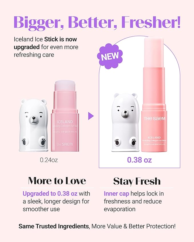 THESAEM Iceland Hydrating Collagen Eye Stick with Cute Bear Keyring Set - 6 Types Collagen Anti-Wrinkle Cooling Balm for Saggy Skin – Under Eye Treatment - Portable K-Beauty Charm, Rose Scent, 0.38oz