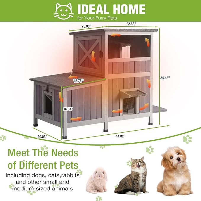 GUTINNEEN Large Outdoor Cat House Insulated 2-Section Indestructible Cat Condo Weatherproof Feral Cat Shelter with 3 Escape Doors for 1-6 Feral Barn Cats in Winter, 43.3" L x29.4 D x33.4 H
