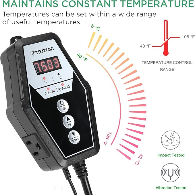 Tikaton Reptile Heating Pad and Digital Thermostat Combo Set, Under Tank Heater for 10-20gal/30-40gal Tank, Terrarium Heat Mat for Turtle/Snake/Lizard/Frog/Spider/Plant Box