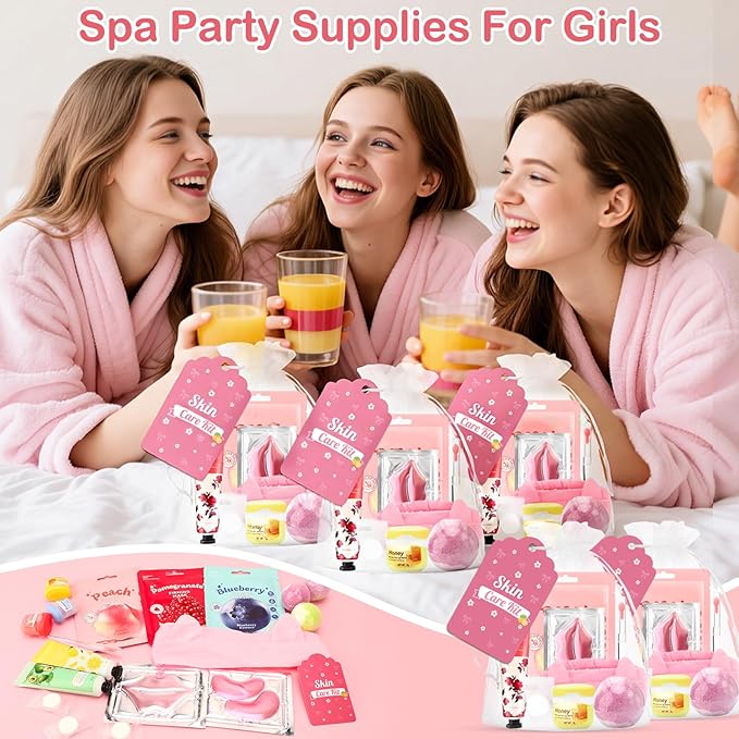 Ponhey 66 PCS Spa Party Supplies, Spa Party Favors Include Face Masks Skincare, Hand Cream, Lip Balm, Under Eye Patches, Lip Mask and Foot Bath Bombs, Spa Birthday Sleepover Party Supplies