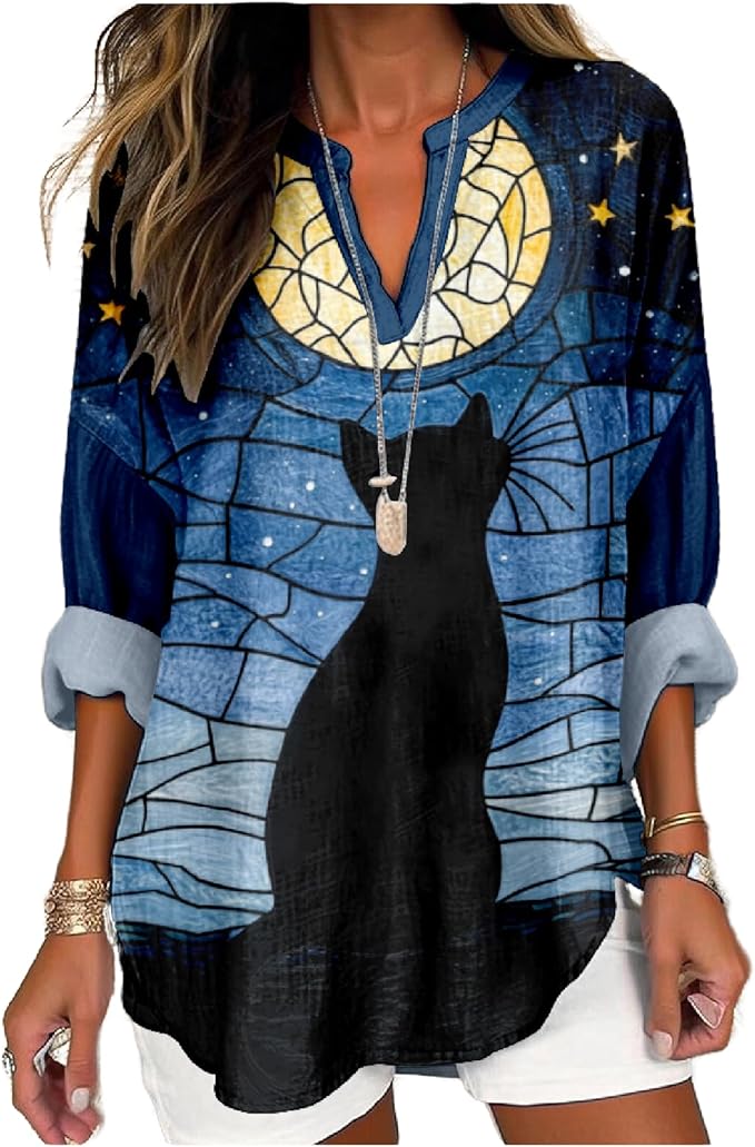 MARSVOVO Cat Shirts for Women Long Sleeve Cute Cat Pullover Graphic Novelty V Neck Blouse Oversized Funny Tunic Tops