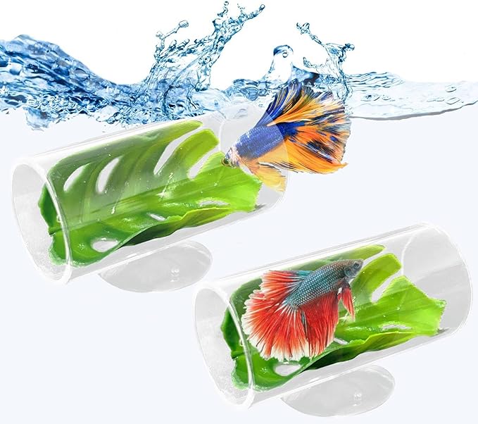 Hamiledyi 2 Pack Betta Tunnel Acrylic Betta Fsih Tube Tunnel with Suction Cups Betta Fish Toys with Leaf Pad Transparent Aquarium Decor for Small Fish Shrimp Guppy Resting Hiding (Green Leaf)