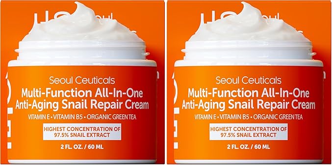 SeoulCeuticals Snail Mucin Moisturizer 97.5% - Korean Skin Care Snail Repair Cream - Day & Night Anti Aging K Beauty Skincare Cruelty Free 2oz (Pack of 2)