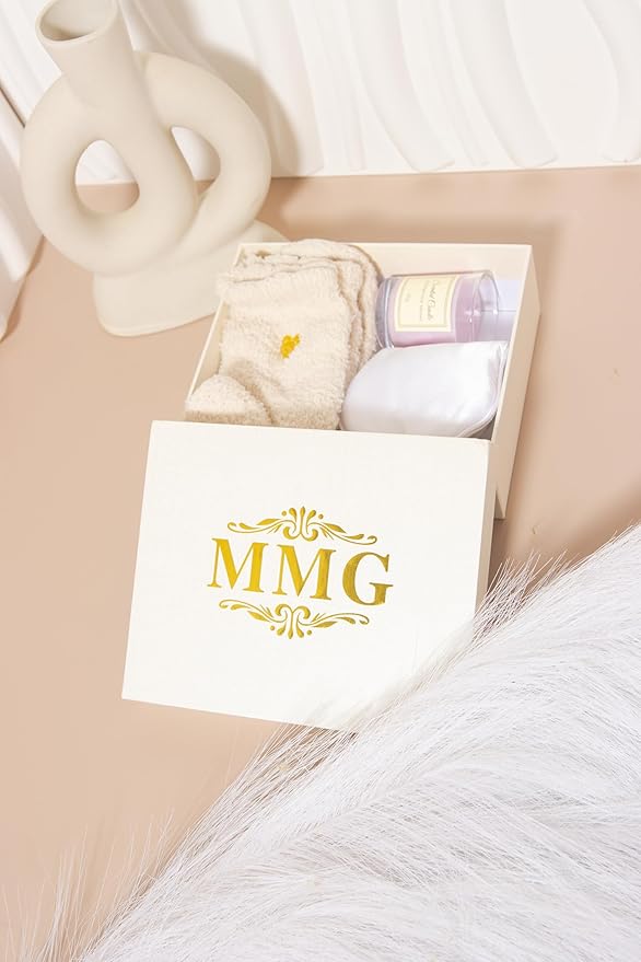 Spa Gift Set for Women – Relaxation Kit with Candle, Fuzzy Socks, Satin Eye Mask, Dried Flower Greeting Card – Gift Box for Birthday, Thank You, Bridesmaid (Ivory White)