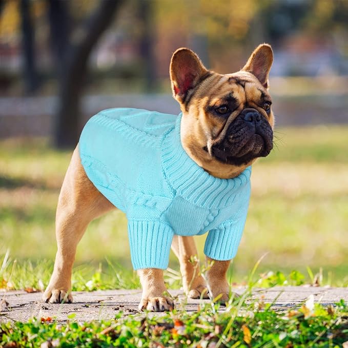Queenmore Small Dog Pullover Sweater, Cold Weather Cable Knitwear, Classic Turtleneck Thick Warm Clothes for Chihuahua, Bulldog, Dachshund, Pug (Sky Blue, Large)