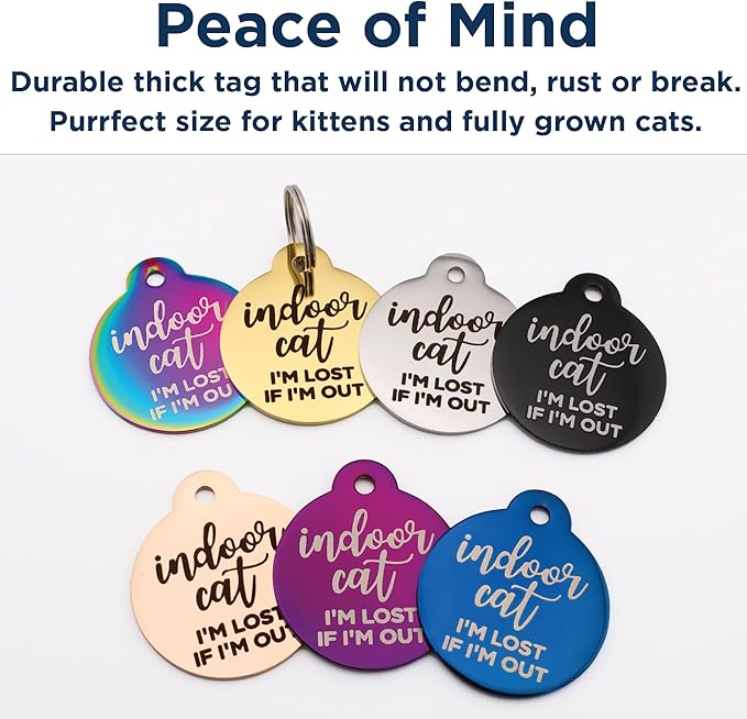 GoTags Personalized Small Indoor Cat Tag - Engraved with 4 Lines of Custom ID - Rose Gold Stainless Steel Round Pet ID Tag