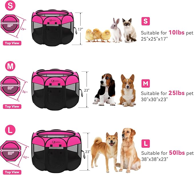 Dog Playpen, Medium Puppy Pet Playpen, Dog Crate Tent Cage Indoor/Outdoor, Portable Pop Up Dogs Kennel Playpen with Carrying Case for Dogs/Cats/Rabbits, Hot Pink