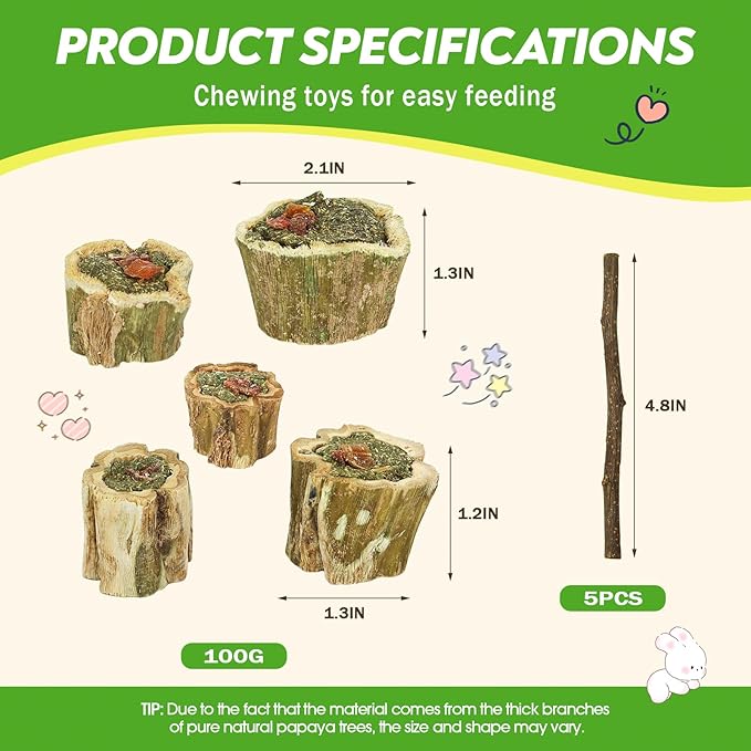 3.5oz Rabbit Chew Toys for Teeth，Bunny Papaya Wood Chew Toys Guinea Pig Treats with Apple Stick for Rabbits Guinea Pigs Hamsters Chinchillas Gerbils Prevent Teeth Overgrowth (3.5 oz, Fruit)