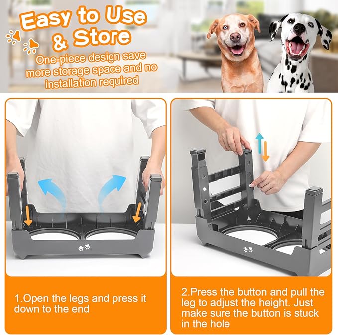 Elevated Bowls, 4 Height Adjustable Raised Stand With 2 Thick 50oz Stainless Steel Food Bowls, Non-Slip Feeder for Large Medium Dogs, Adjusts to 3.7", 9.2", 10.75", 12.36" Grey