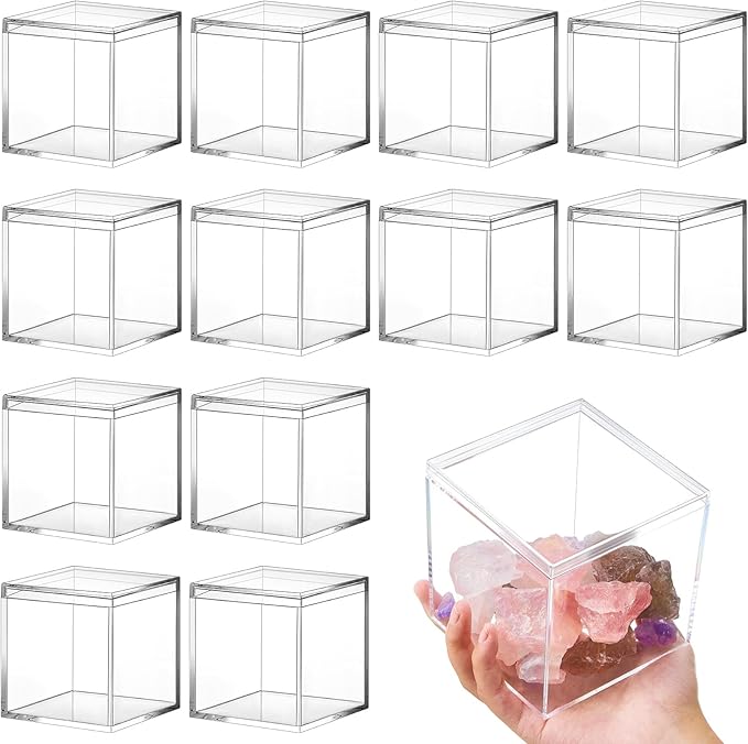 Juexica 12 Pcs Clear Acrylic Box with Lid Plastic Small Acrylic Boxes Decorative Storage Box Jewelry Display Mini Clear Container for Home Candy Pill Tiny Jewelry(Square,3 x 3 x 3)