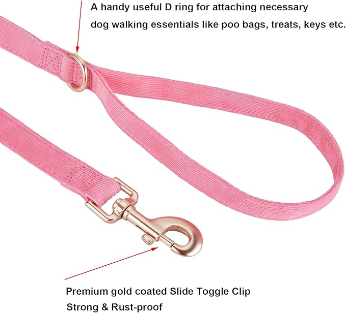 Soft Corduroy Dog Collar and Leash Set Adjustable Durable Dog Collars with Metal Buckle and Lead for Female Small Dogs,Hot Pink