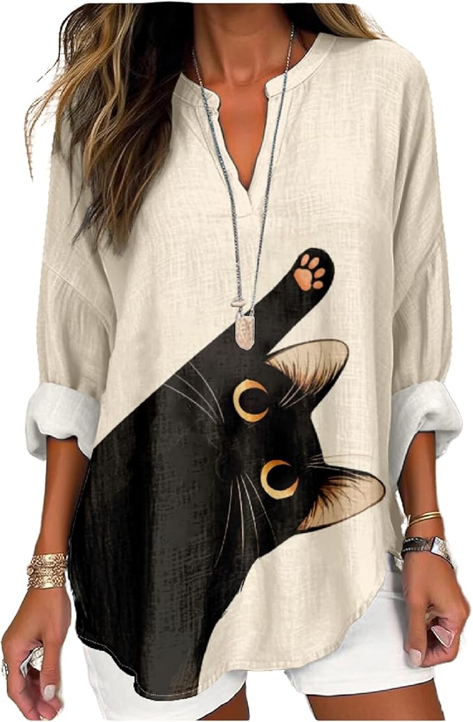 MARSVOVO Cat Shirts for Women Long Sleeve Cute Cat Pullover Graphic Novelty V Neck Blouse Oversized Funny Tunic Tops