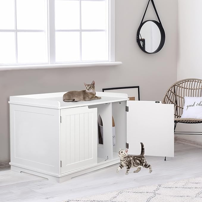 Cat Litter Box Enclosure Furniture Wooden w/Adjustable Divider, Indoor Cat House Storage Cabinet,End Table,for Large Cats, White