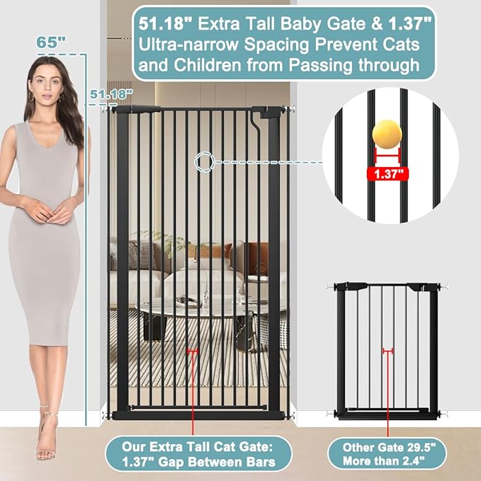 51.18" Extra Tall Pet Gate for Cats Dogs-29.6"-32.6" Extra Wide Baby Cat Gate for Stairs and Doorways-1.37" Ultra Narrow Spacing Dog Gate Dog Door with One-Handed Operation(29.6"-32.6")
