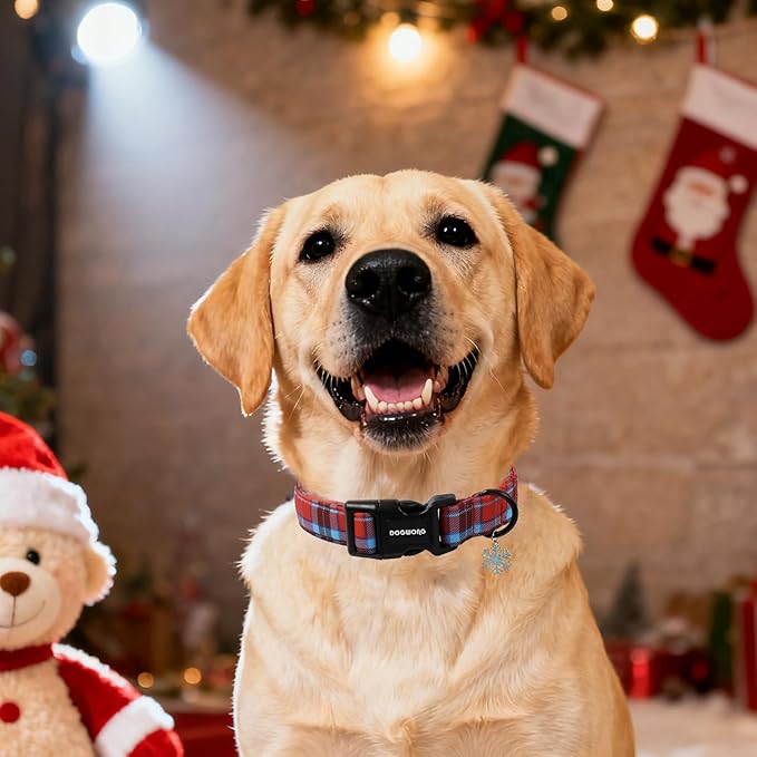 DOGWONG Red Dog Collar, Christmas Red Plaid Dog Collar Durable Soft Fabric Pet Dog Collars Boy Puppy Necklace for Small Medium Large Dogs,Large