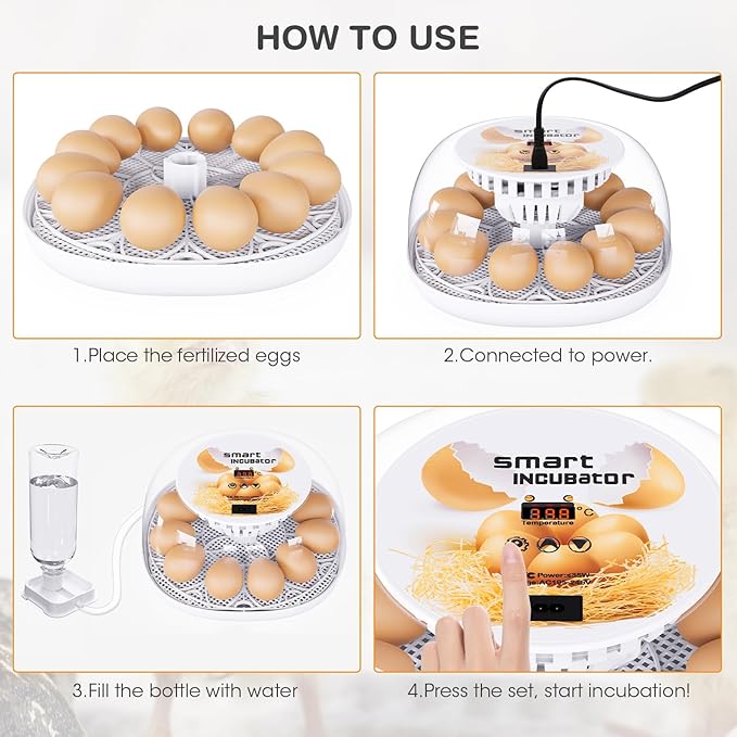 Incubators for Hatching Eggs, 12 Egg Incubator with Automatic Turning and Temperature Control, Automatic Water Adding, LED Egg Candler, for Hatching Chickens, Duck, Quail, Goose Eggs