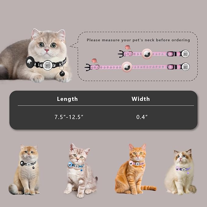 Smart Cat Collar Breakaway with QR Code & AirTag Holder, 2 Pack Reflective Kitten Collars with Safety Buckle - Dual Lost Pet Prevention, Online ID & Apple Tracking, Pink Pet Supplies Gifts