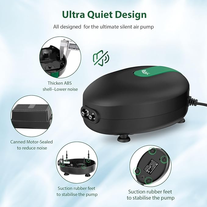 AQQA Air Pump for Aquarium Aerator 2 Outlets Fish Tank Air Pump Ultra-Quiet Adjustable Oxygen Bubblers with Air Stone Tubes Check Valves for Hydroponic Fish Tanks (5W for Up to 100 Gal Tank)
