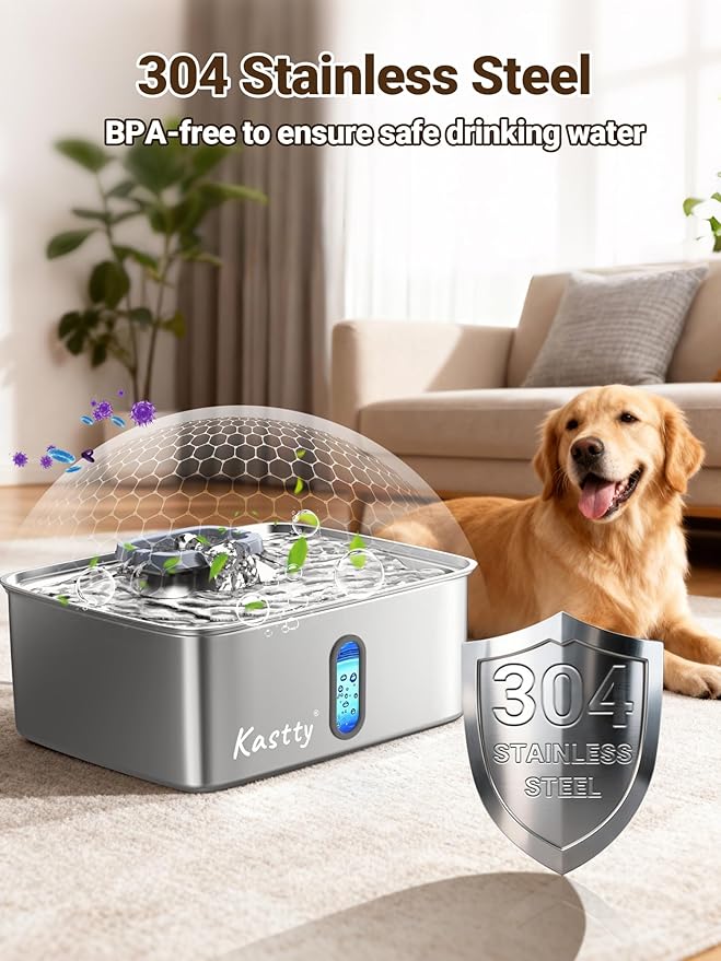 Kastty 4 Gal Dog Water Fountain for Large Dogs,15L Stainless Steel Large Pet Water Fountain, Ultra Quiet Automatic Dog Water Bowl Dispenser with Water Level Window and LED Light(FS78,Grey