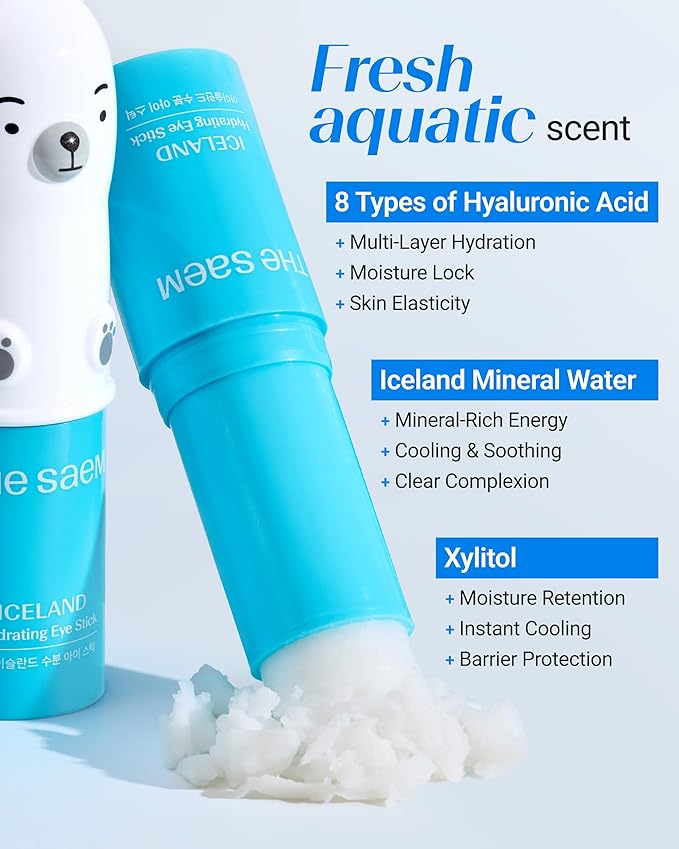 THESAEM Iceland Hydrating Eye Stick Bundle - 2 Pack (Hydrating + Peptide) 0.38 oz each - Cooling Balm for Dark Circles, Puffiness & Wrinkles - Under Eye Treatment with Niacinamide & 5-Peptide Complex