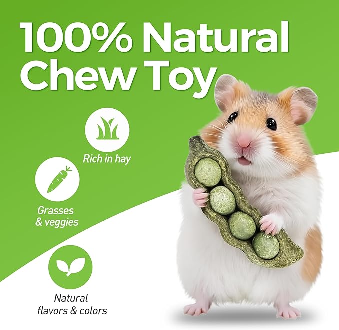 TEEWY 3PCS Guinea Pig Chew Toys, Prevent Teeth Overgrowth, Natural Vegetables and Timothy Grass, Hamster Chew Toys, Guinea Pig Toys, Chinchilla Toys, Peapod-Shaped