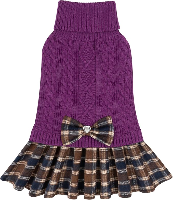 KYEESE Dog Sweater Thick Dogs Clothes with Bowtie Warm Pullover Pet Coats Comfy Knitwear Dog Sweaters for Small Dogs Girl Soft Turtleneck Pet Sweater Dress Stretchy Cat Sweaters, Purple, Medium