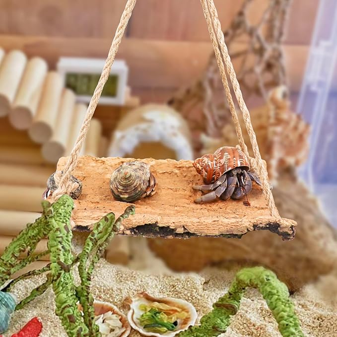 Oooct Hermit Crab Climbing Toy, Natural Wooden Reptile Swing Toy, Pet Cage Tank Aquarium Accessories for Hermit Crab Lizard Chameleon Hamster Guinea Pig Chinchilla Bird Parrot