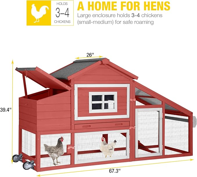 Aivituvin Chicken Coop Outdoor with Wheels, Mobile Hen House Wooden Poultry Cage with Run & Waterproof Roof (Red)