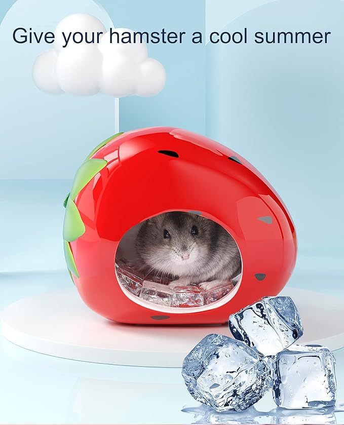 Besimple Hamster Hideout, Small Animal Hideout Ceramic Pet House, Adorable Shape Hamster House Cave Mini Hut Cage Critter Bath House for Chinchilla(Strawberry)