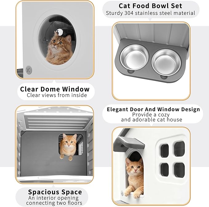 Rockever Outdoor Cat House, 2-Story Waterproof Cat House for Outdoor Cats with Escape Door, Elevated Feral Cat House Indoor, Sturdy Stainless Steel Bowl & Scratching Post, Clean Easily(Grey)