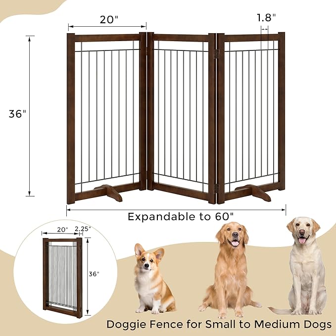 Wire Dog Gate Solid Wood Frame, Anti-Chewing, 3-Panel, 36" Height, 60" Width, Indoor Freestanding Pet Gate Foldable Wooden Dog Fences for Stairs, House, Doorway, Walnut Color