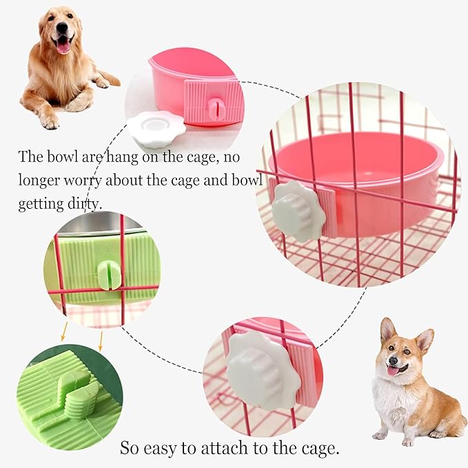 kathson Crate Dog Bowl, Removable Stainless Steel Hanging Pet Cage Bowl Food & Water Feeder Coop Cup for Cat, Puppy, Birds, Rats, Guinea Pigs (2 PCS, Size: M, Blue and Pink)