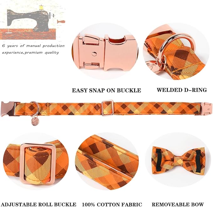 DOGWONG Fall Dog Collar Bow Adjustable Girl Boy Orange Dog Collar Bow Tie Cute Plaid Dog Collar for Small Medium Large Dogs
