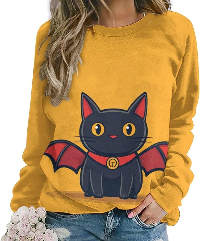 Halloween Sweatshirts for Women Black Cat Print Pullover Crewneck Oversized 2024 Fall Fashion Casual Warm Shirt