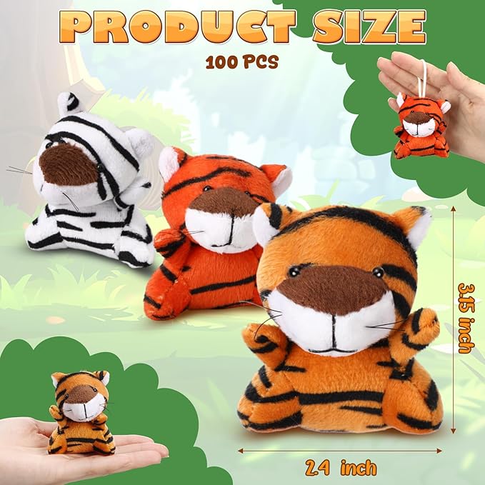 HooLing 100 Pcs Small Tiger Stuffed Animals Mini Jungle Animals Keychains Plush Toys Bulk Cute Forest Plushies for Kid Adults Valentines Holiday Birthday Party Favors Goodies Fillers Carnival Prize