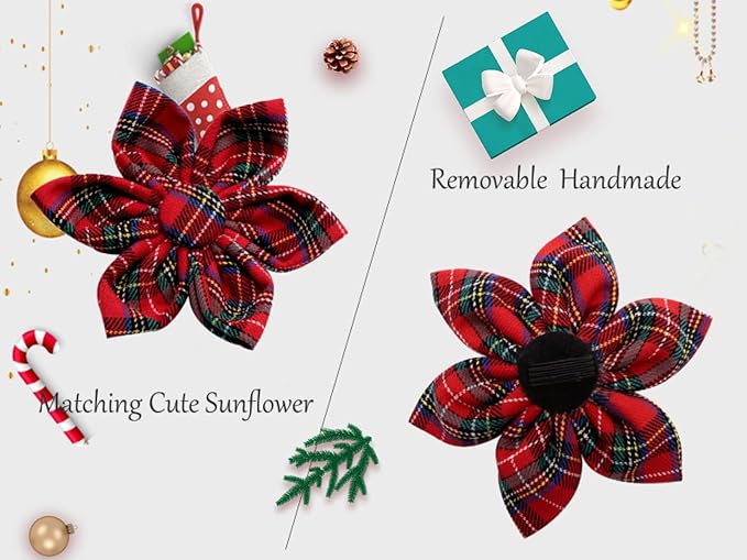 Uniqe Style Paws Christmas Grid Dog Collar, Female or Male Adjustable Puppy Collar with Flower, Durable Floral Pattern Pet Collar for Large Dogs