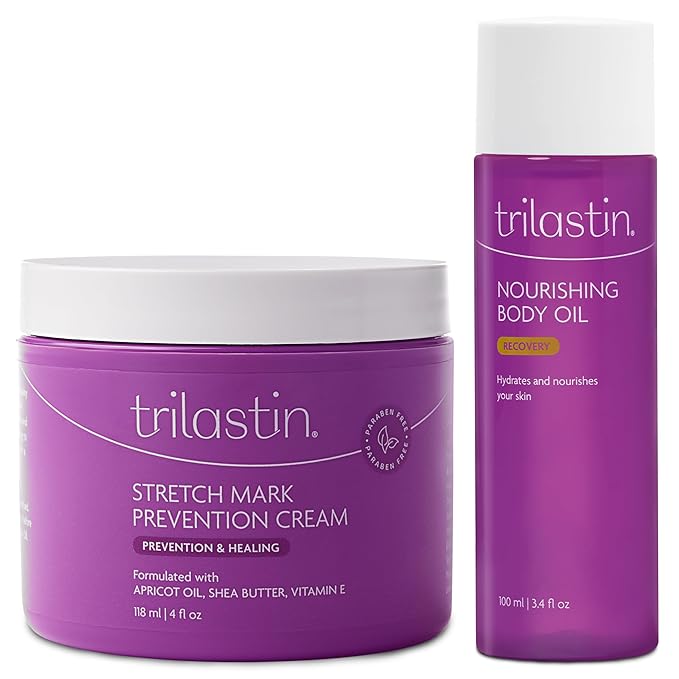 TriLASTIN Maternity 4oz Stretch Mark Cream & 3.4oz Nourishing Body Oil Bundle | Pregnancy Skincare Gift for First-Time Moms