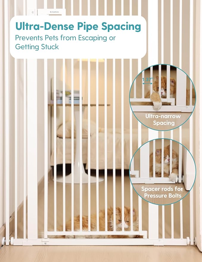No Pawblems Upgraded 55" Extra Tall Pet Gate for Cat, 29-43" Auto Close Cat Gate for Doorways/Stairs/Hallways, NO Drilling Pressure Mounted Tall Dog Gate Indoor, 1.37" Pet-Safe Gap, White