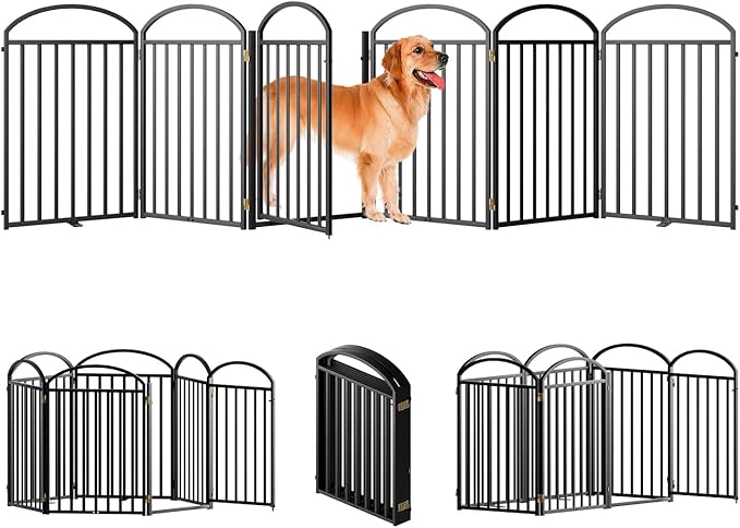 6 Panels Full Matel Freestanding Dog Gates with Door, 144"Extra Wide 32"Tall Free Standing Dog Pet Gate for Indoor & Outdoor. Foldable Pet Fences for Doorways, House, Stairs, Porch, Deck, Yard